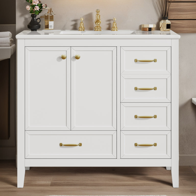 36'' Freestanding Single Bathroom Vanity With Ceramic Top, White