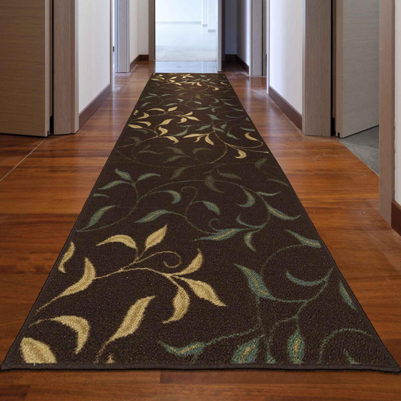 Ottohome Non-Slip Leaves Area Rug For Living Room, Hallway Runner, Entryway Rug, Brown, Runner 2'7" x 10'