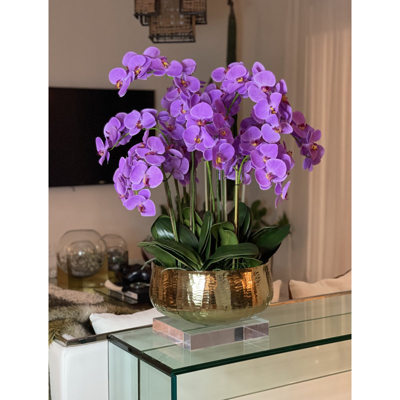 Roberi Gold Bowl With Light Purple Orchids, Light Purple