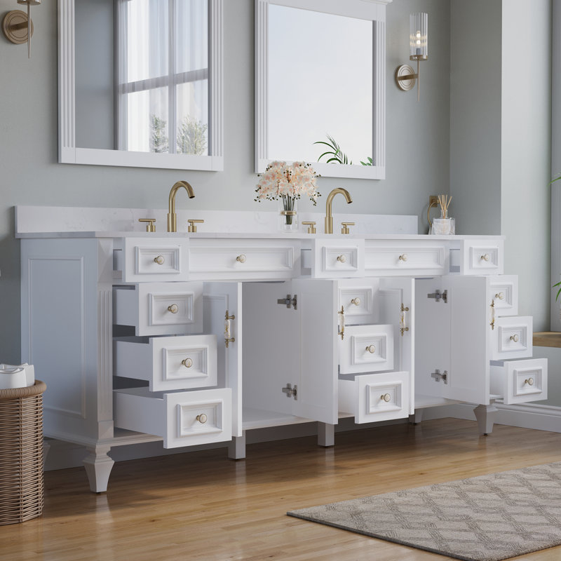 Meuble-lavabo Gamella 84 po L x 35 po H en bois massif, avec comptoir en quartz blanc de Carrare et double lavabo, blanc, 84"