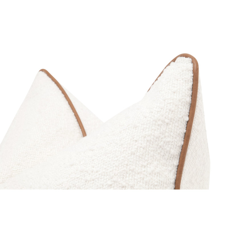 Snow White Boucle Pillow with Whiskey Brown Leather Piping, Set of 2