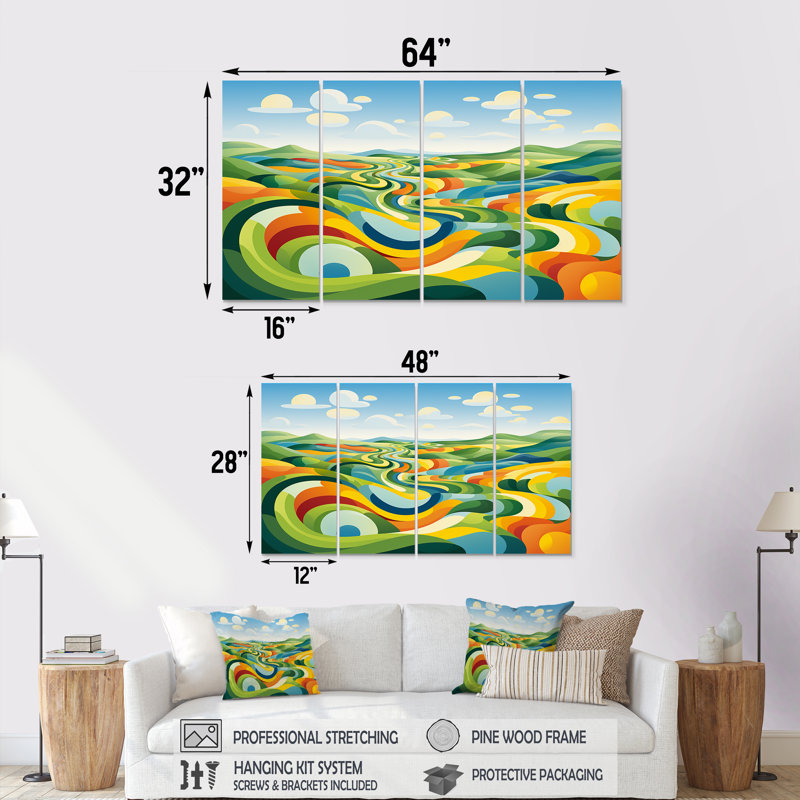 «Modern Bold Farm Horizon I - Meadow», art mural 4 pièces, H 32 po x l 64 po
