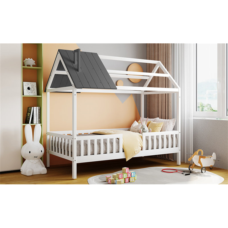 Lit en bois avec clôture, Blanc / Gris