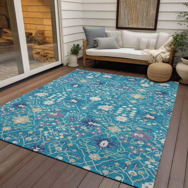 Teal Flat Woven Rectangular Synthetic Washable Rug