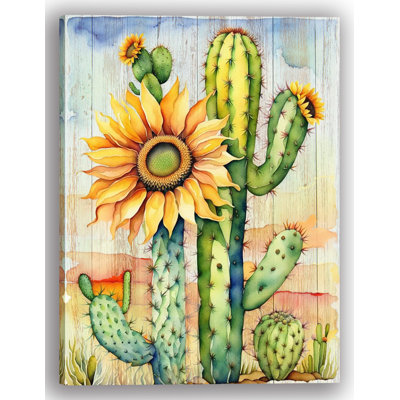 «Southwestern Sunflowers and Cacti on Rustic Wood», art mural sur toile tendue
