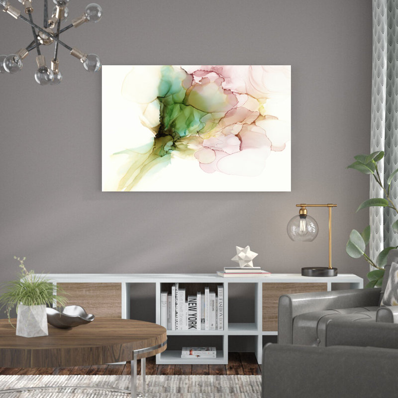 «Pink and Turquoise Bloom I» par Jennifer Goldberger - peinture sur toile tendue, H 32 po x l 48 po