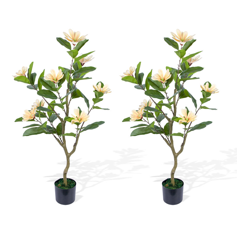2 Pack Artificial Magnolia Tree,3.7 ft Tall Faux Magnolia Plant with Realistic Leaves and Blooms,Potted Fake Floral Tree for Living Room/Office/Porch Decor