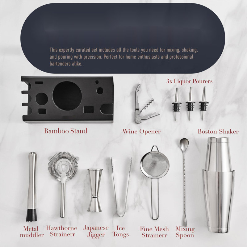 Mixology Bartender Kit - 12-Pieces Cocktail Shaker Set With Stylish Bamboo Stand - Bar Accessories With All Essential Accessory Tools - Bar Set Perfect Drink Mixing Experience