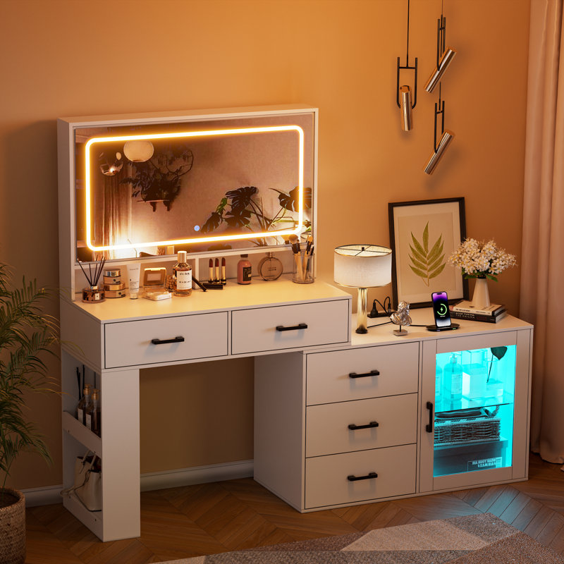 Bureau de maquillage blanc avec miroir et lumières et station de charge, 3 modes de couleur et coiffeuse à luminosité réglable, meuble-lavabo de coin