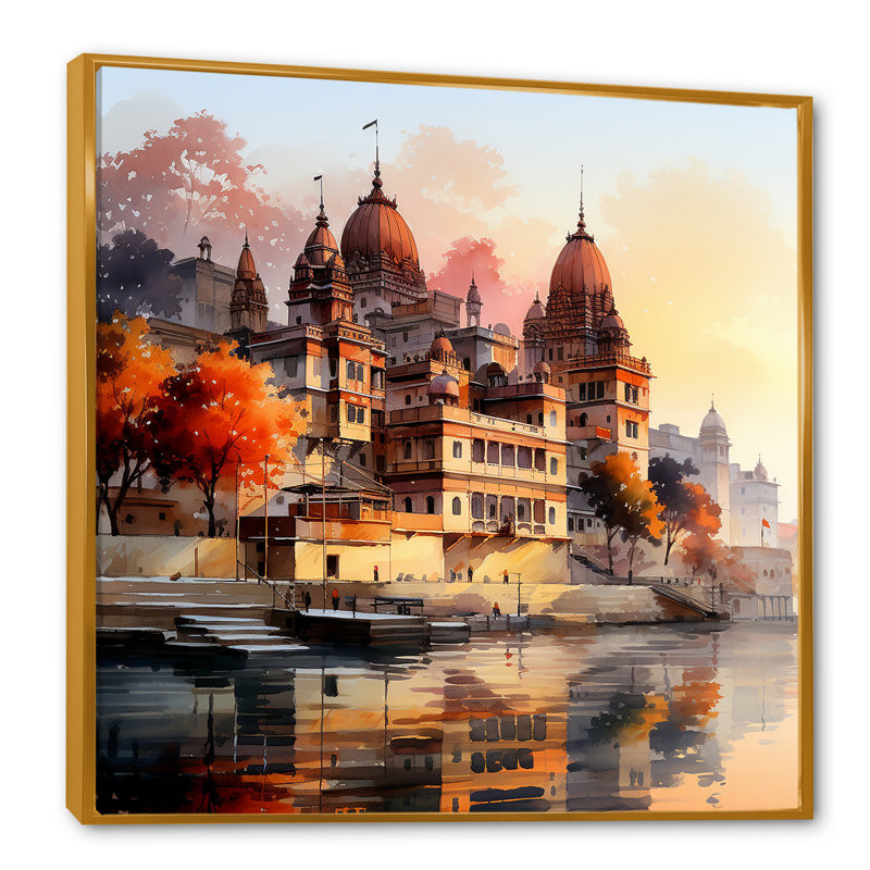 Indian Art Ganges At Dawn 1 - Art mural indien, H 36 po x l 36 po x P 1,5 po, Cadre flottant doré