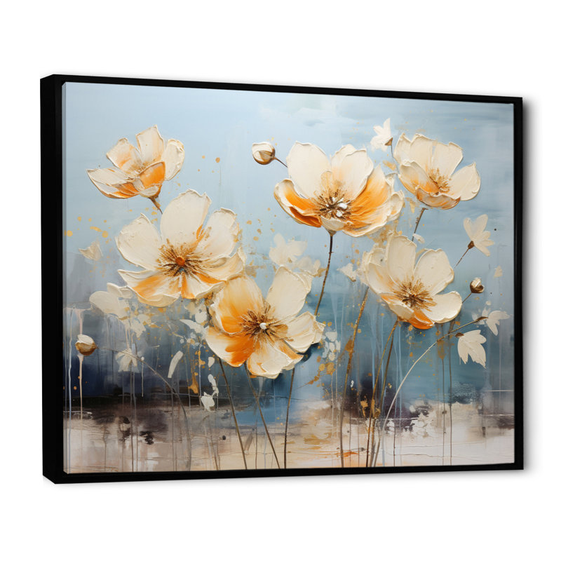 " Teal Buttercups Romantic Impression ", Black Floater Framed, 34" H x 44" W x 1.5" D