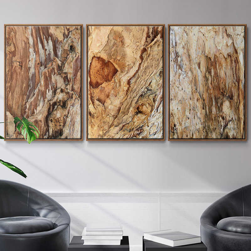 «Tree Texture Triptych I», ensemble de 3 toiles encadrées, H 27 po x l 54 po, Noyer