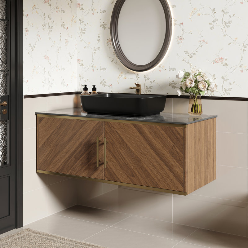 Meuble-lavabo flottant 47,2 po avec lavabo, meuble-lavabo moderne en pierre frittée noire, grande armoire et poignée dorée