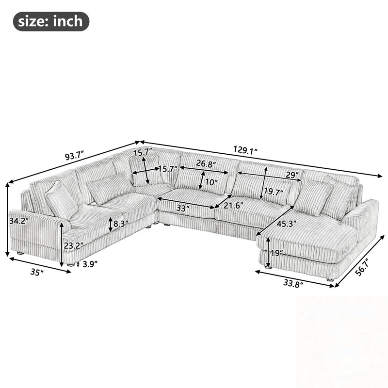 Canapé modulaire en U en velours côtelé avec méridienne, Gris clair