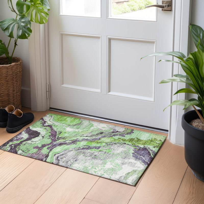 Machine Washable Indoor/Outdoor Xhevrie Green Rug, Rectangle 1'8" x 2'6"
