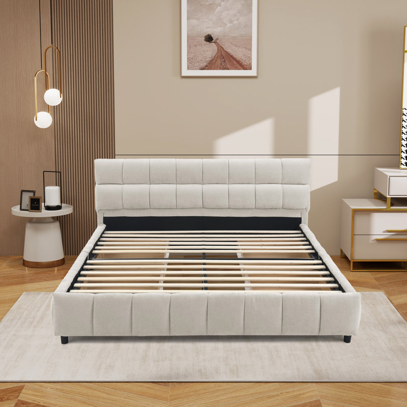 Upholstered Bed Frame  With  Storage Drawers, Queen, Beige