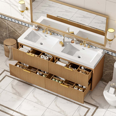 Meuble-lavabo double 59,3 po avec comptoir en SMC, armoire en panneau de fibres à densité moyenne peint, tiroirs à fermeture en douceur, solution de rangement murale moderne