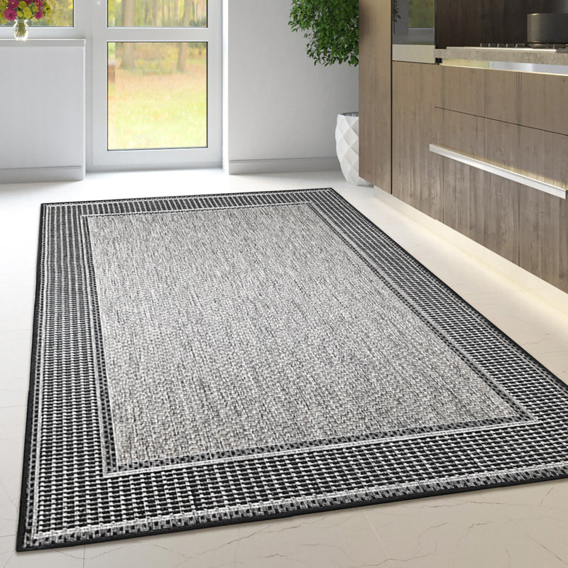 Non Slip Border Rug Flat Weave Kitchen Living Room Carpet, Grey, Rectangle 160 x 225 cm