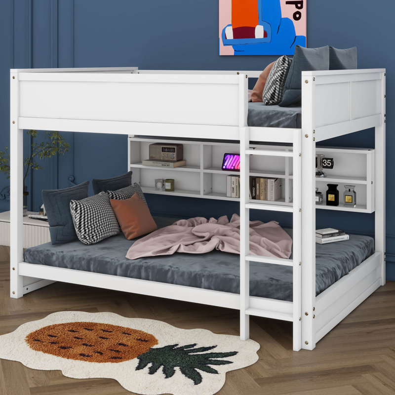 Queen Over Queen Bunk Bed With Storage Cabinets, Solid Wood Bunk Bed With Charging Station, Ladder And Safety Guardrails