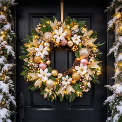 24 Inch Christmas Wreath for Front Door, Elegant Winter Wreath with White Poinsettia Flowers, Gold Ornaments, Pinecones, Champagne Berries, Eucalyptus Leaves and Evergreen Greenery, Luxury Farmhouse Holiday Door Decor for Indoor and Covered Outdoor Use