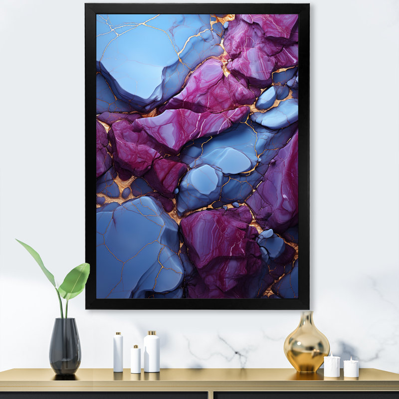 Volcan de marbre bleu et mauve sans soudure II - décoration murale abstraite, Cadre simple noir, H 32 po x l 16 po x P 1 po