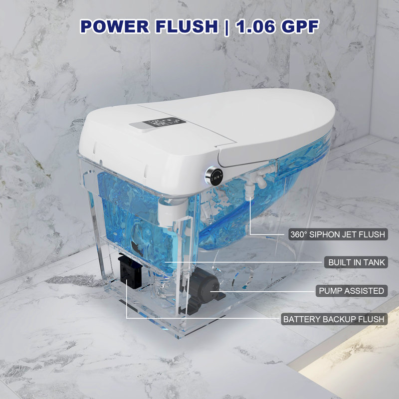 Toilette à bidet intégrée Breezebath à réservoir intégré 1,06 GPF avec ouverture / fermeture automatique et chasse automatique, siège chauffant, affichage numérique, veilleuse, désodorisant, glacis antibactérien, certification WaterSense, certification cUPC et cETL