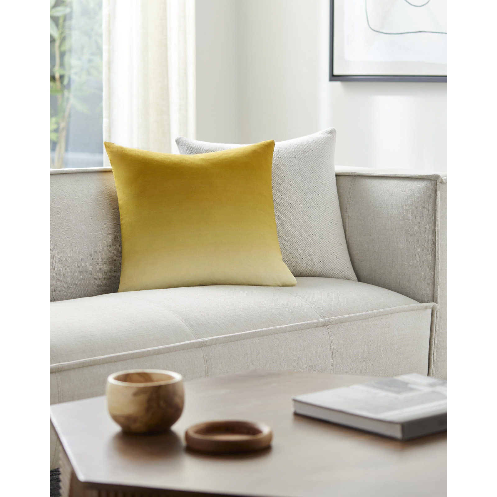 Deadra Ombre Linen Throw Pillow, Mustard, 20" x 20", Down