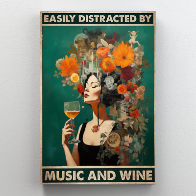 «Easy Facilement distrait par la musique et le vin» - 1 pièce Rect Facilement distrait par la musique et le vin - 1 Pièce Rectangle, impression sur toile tendue