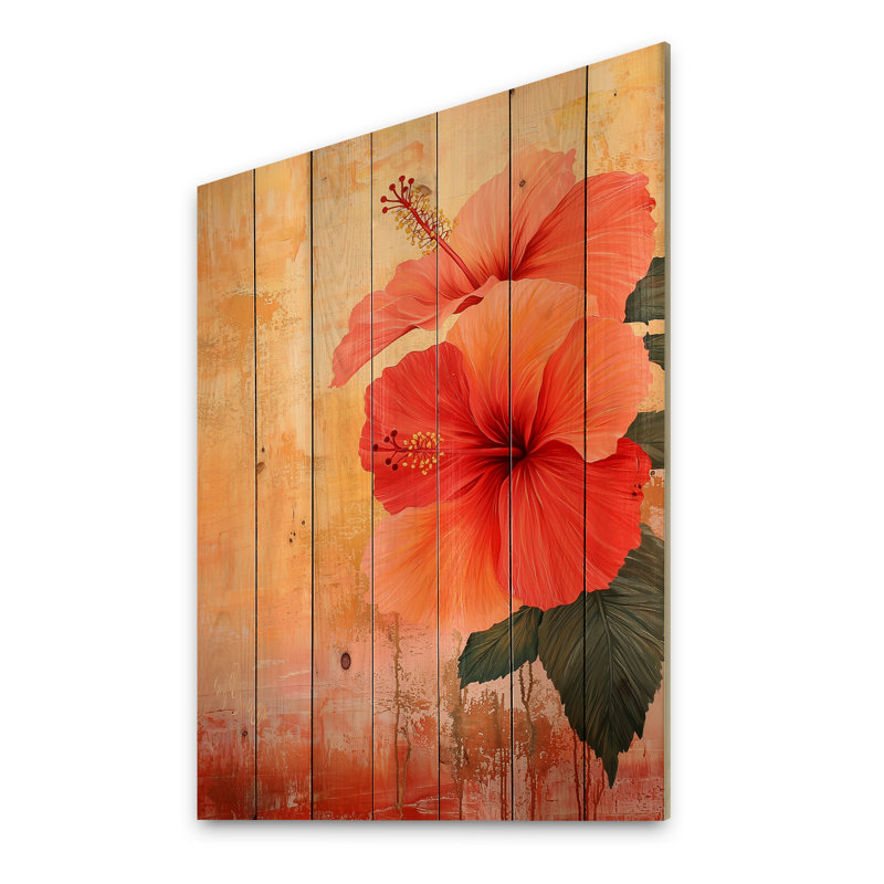 Coucher de soleil sur un hibiscus à Madagascar - Reproduction traditionnelle en bois orange sur bois de pin naturel
