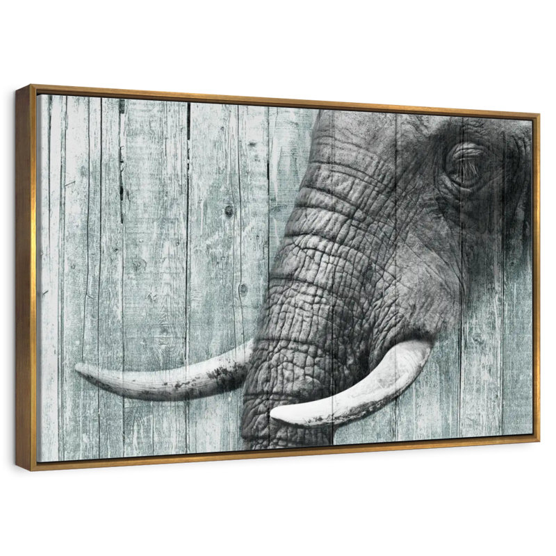 Elephant On Textured Wood, 19" X 13", Floating Frame Gold