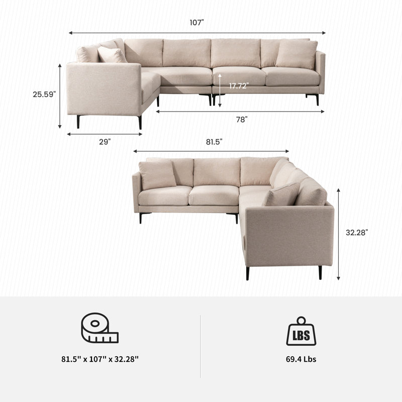 107" 5-Seat L-Shaped Sectional Sofa, Modular Cloud Couch with Carbon Steel Legs & Memory Foam, Space-Optimized Design for Large Apartments