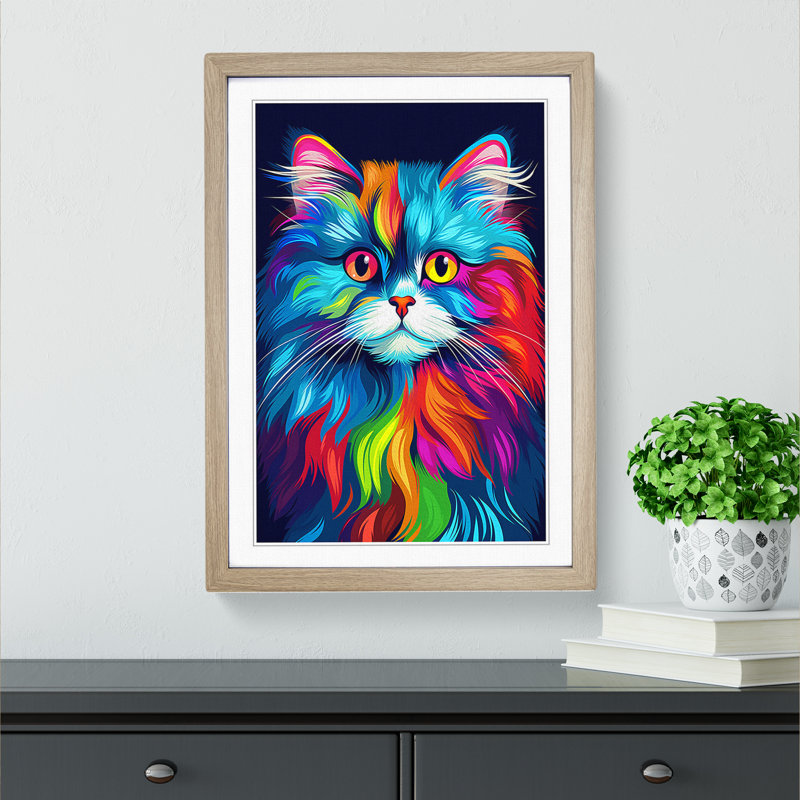 Persian Cat Pop - Single Picture Frame Print on Wood, Oak , 34cm H x 25cm W x 2cm D
