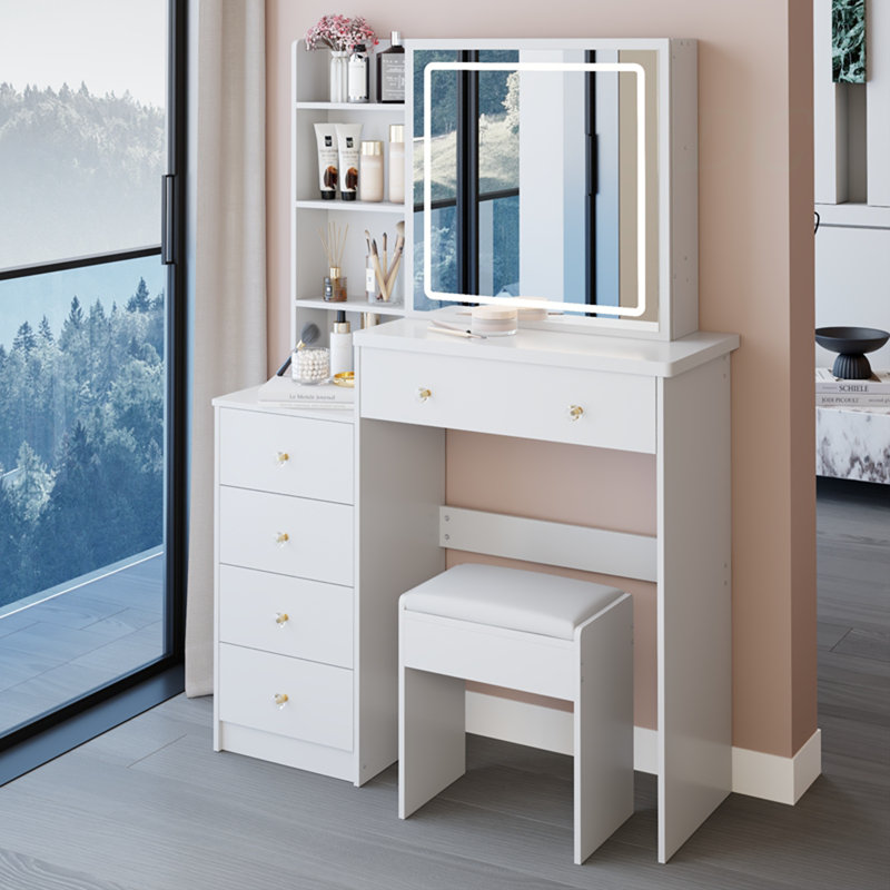 Table de chevet à DEL 37 po + tabouret rembourré à chevet gauche, grande commande tactile, miroir à découpage 3 couleurs, ensemble de meuble-lavabo de maquillage multi-couches grande capacité, EPA, GCC, certificat UL