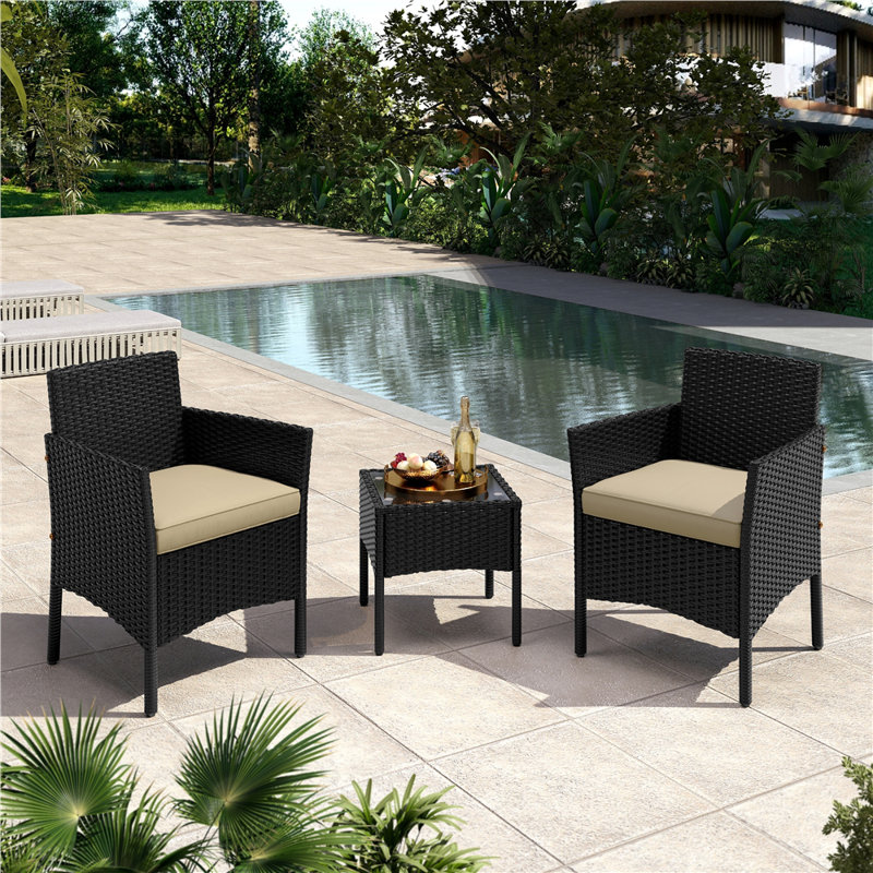 Argonne 2 Seater Rattan Conversation Set, Black/Khaki