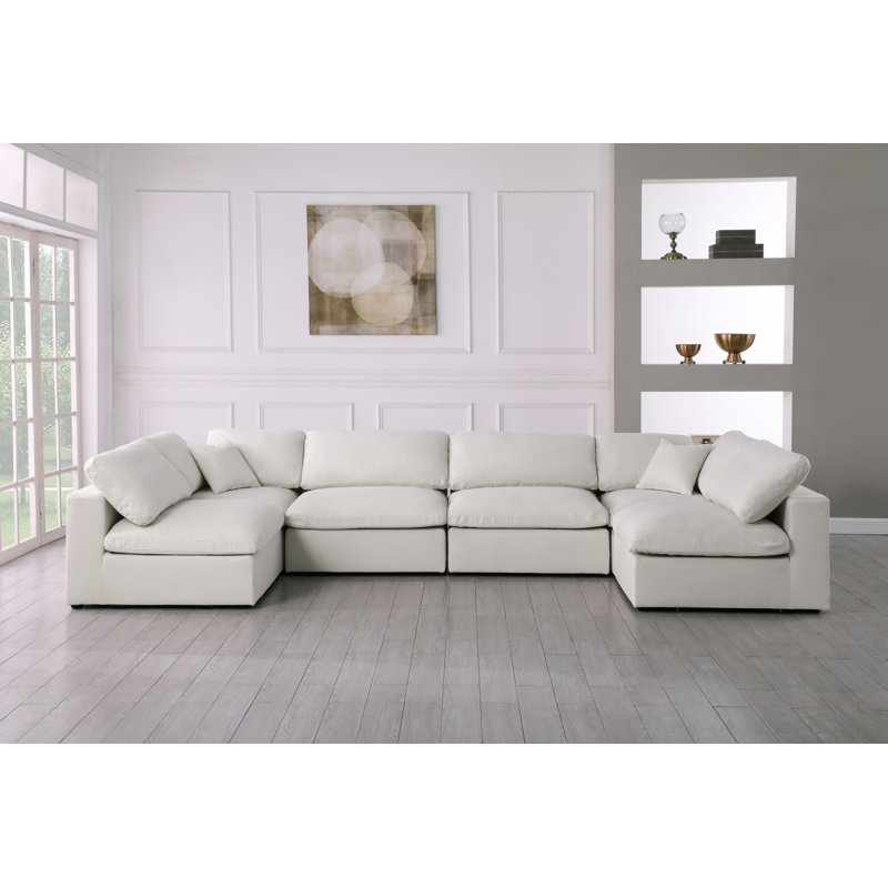Burrows Upholstered U-Shaped Sectional Reversible, Cream Linen Textured Fabric