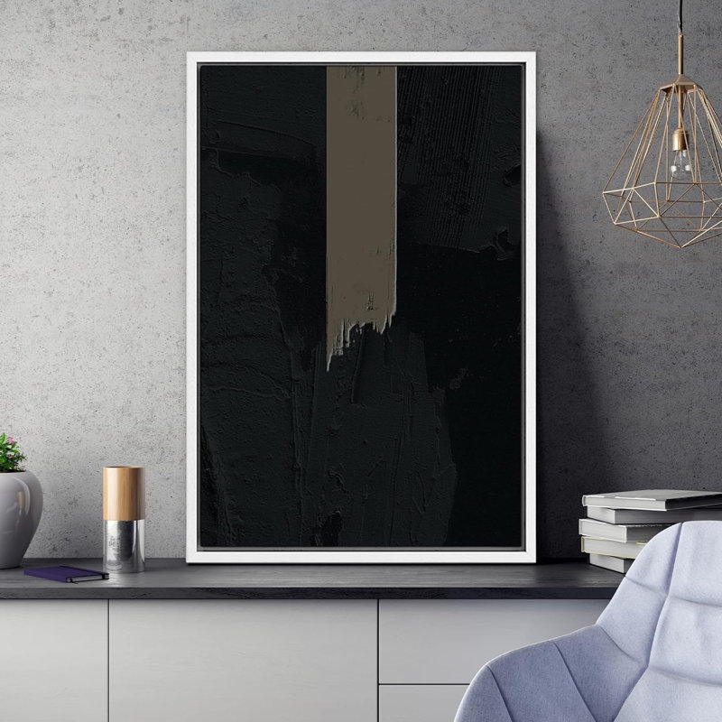 Motif géométrique noir sur fond gris à rayures, formes abstraites et minimalistes, décoration murale nordique contemporaine sur toile