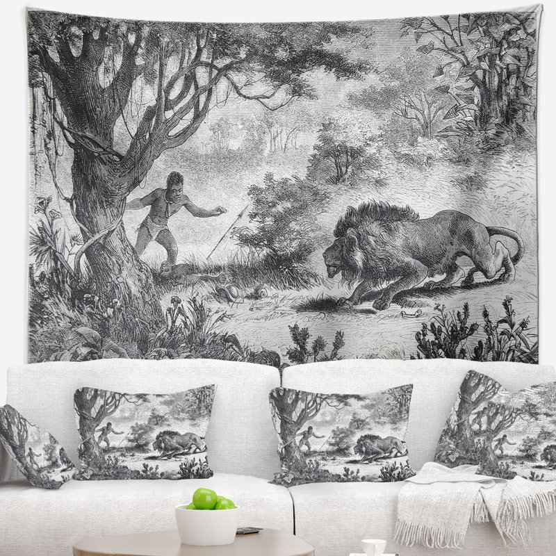 Lion mangeant la tapisserie de l'homme Animal, H 32 po x l 39 po