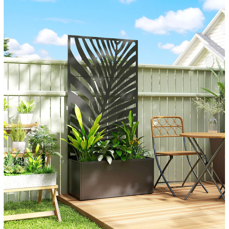 Metal Planter Box with Trellis, Raised Garden Bed with Privacy Screen for Climbing Plants, Leaf Cut-Out Privacy Planter