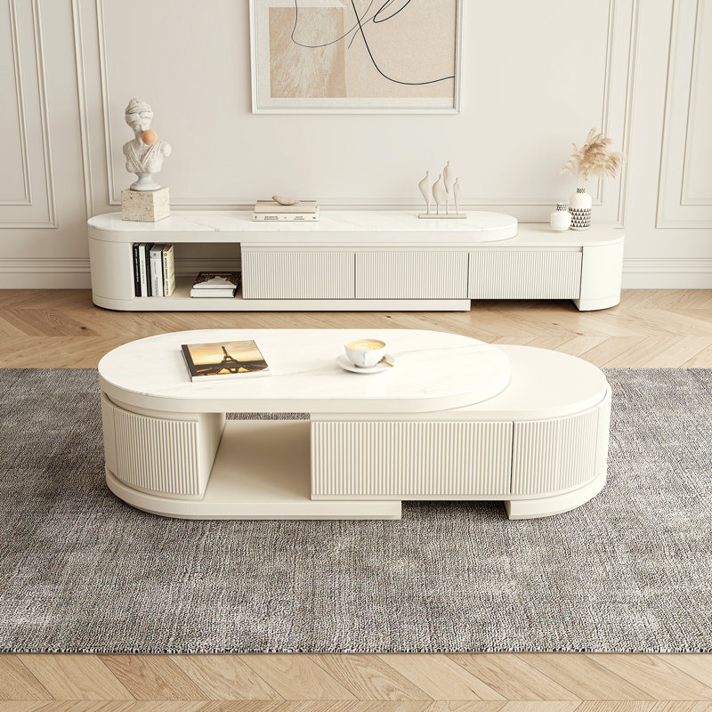  Table basse ovale extensible et cannelée Bilawal en bois massif avec 4 tiroirs, entièrement assemblée