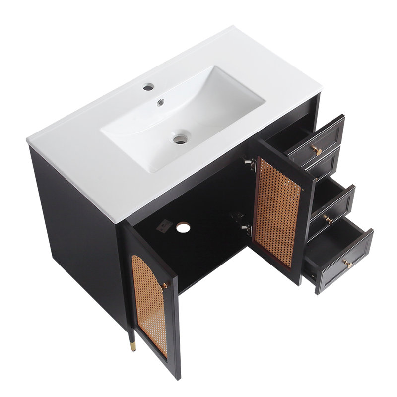 Meuble-lavabo de salle de bain avec lavabo en céramique, armoire de rangement en rotin avec deux portes et tiroir