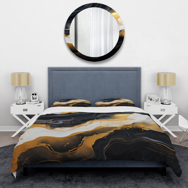 Ensemble de housse de couette en marbre doré et noir Essence I - Abstract Marble, Housse de couette pour très grand lit