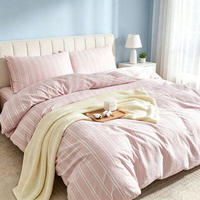 Soft 100% Washed Cotton Striped Duvet Cover Set 3 Pieces Bedding Set