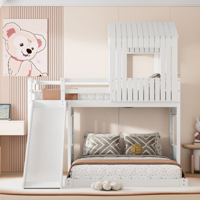 Wooden Twin Over Full Bunk Bed, Loft Bed with Playhouse, Farmhouse, Ladder, Slide and Guardrails, White