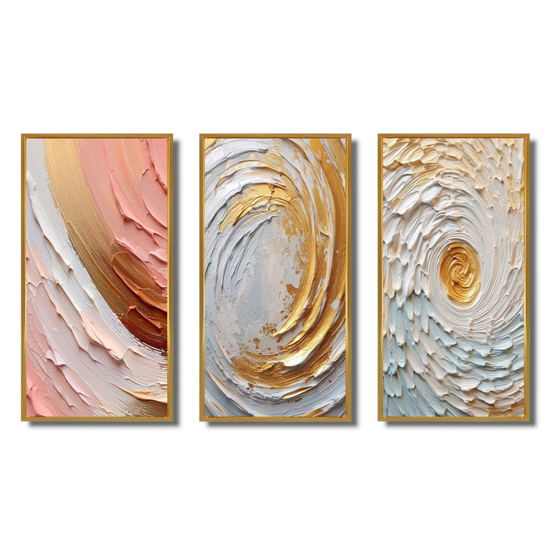 «Peach And Gold Spiral Radiance», 3 pièces sur toile, H 40 po x l 60 po, Cadre flottant doré