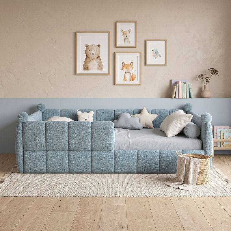 Lit de plancher rembourré doux avec conception de barrière douce pour une sécurité accrue, Grand lit, Bleu