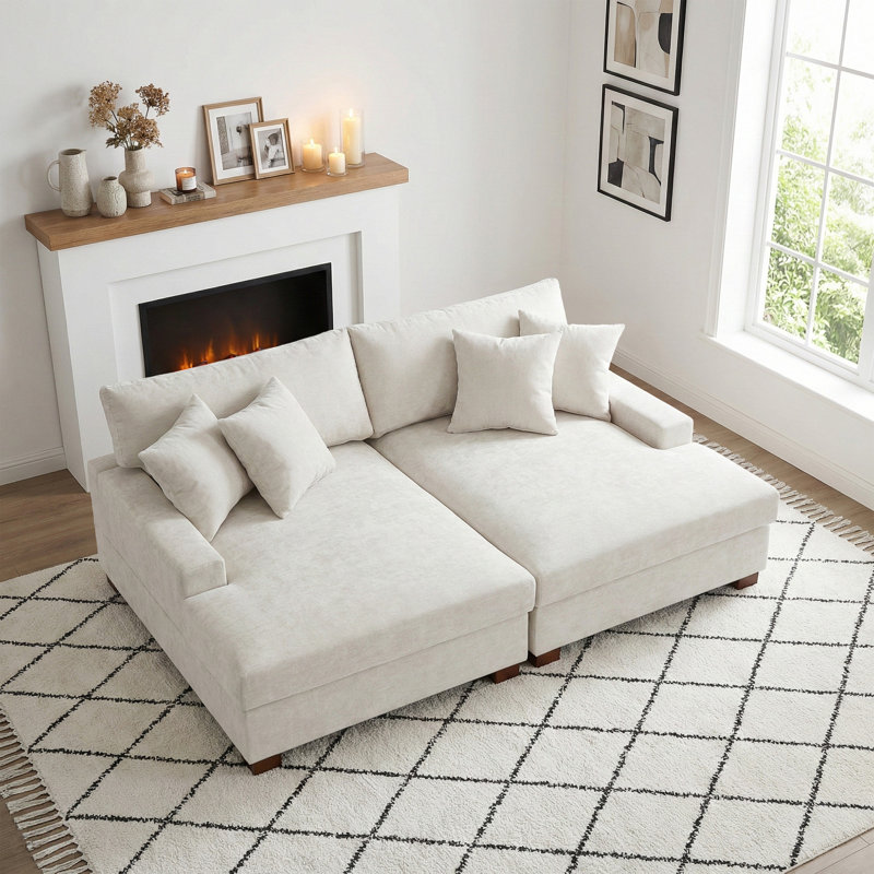 Canapé-lit surdimensionné rembourré en chenille blanc cassé avec accoudoirs et coussins décoratifs, Chenille blanc cassé