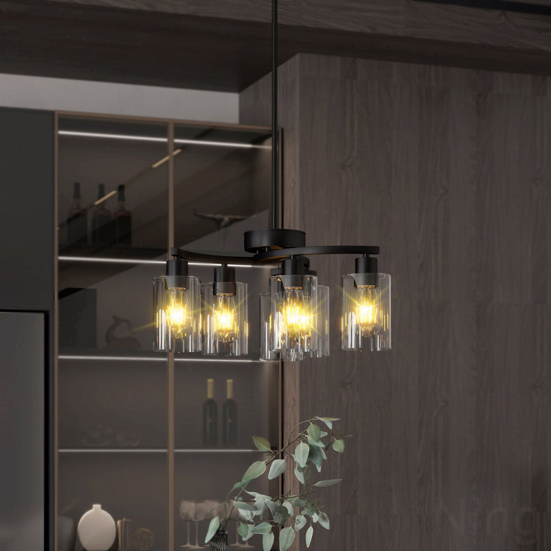 Lustre - configuration à 6 lumières de style campagne moderne de style campagnard au fini noir, luminaire de salle à manger contemporain, avec luminaires suspendus de style industriel à hauteur réglable, îlot de cuisine, abat-jour en verre transparent