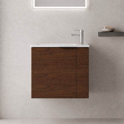 Meuble-lavabo flottant 22 po avec lavabo, porte en céramique, brun