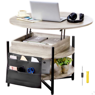Lift Top Coffee Table 35.3" Round Coffee Table With Storage Drawers, Hidden Compartments And Open Shelf For Living Room, Home, Office