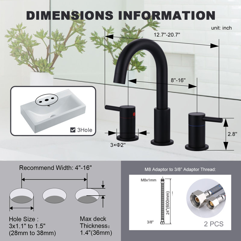 Widespread 2-handle Bathroom Faucet with Drain Assembly, Matte Black
